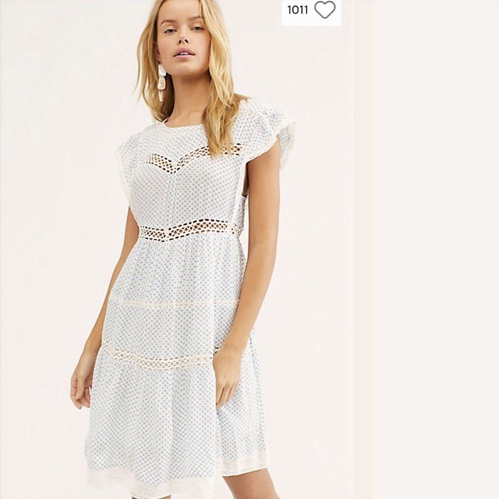 Free People Retro Kitty Crochet Trim Dress Ivory Blue